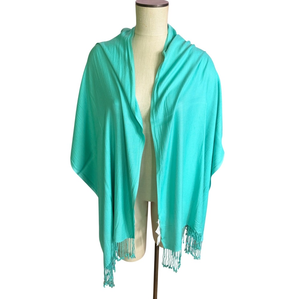 Charming Charlie Pashmina Scarf OS Seafoam Teal Rayon Fringe Wrap Shawl